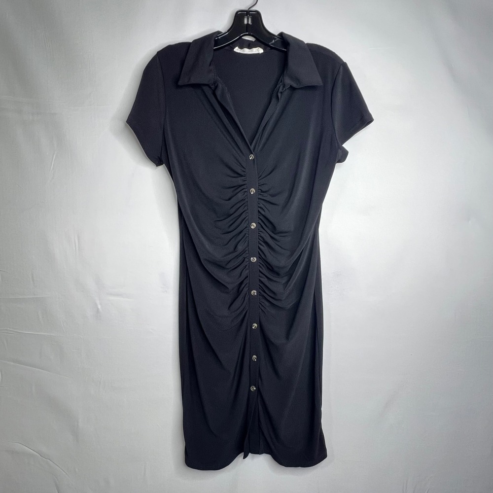 Tiffany & Grey Black Ruched Shirt Dress Womens L Mini Bodycon Goth Y2K LBD 90s